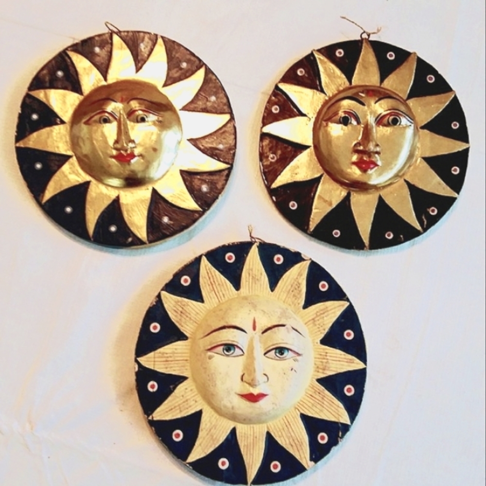 Set (3) Rustic Sun & Moon Face Handpainted Garden Deck Decor Signs,